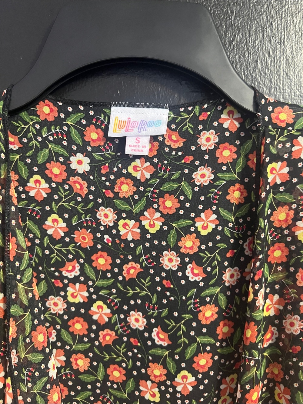 LuLaRoe Black Floral Cardigan with Orange and Green Flowers - Picture 3 of 4